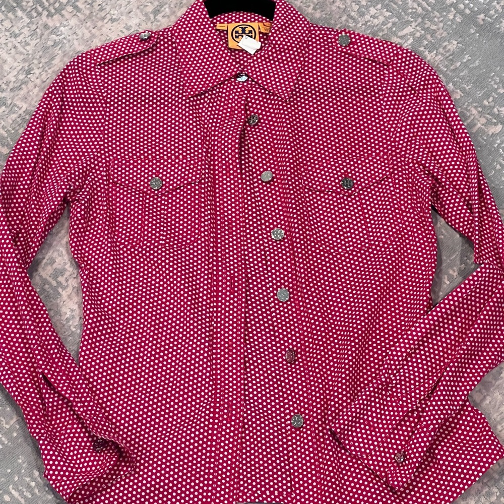 Tory Burch Red Polka Dot button down shirt small Womens Top